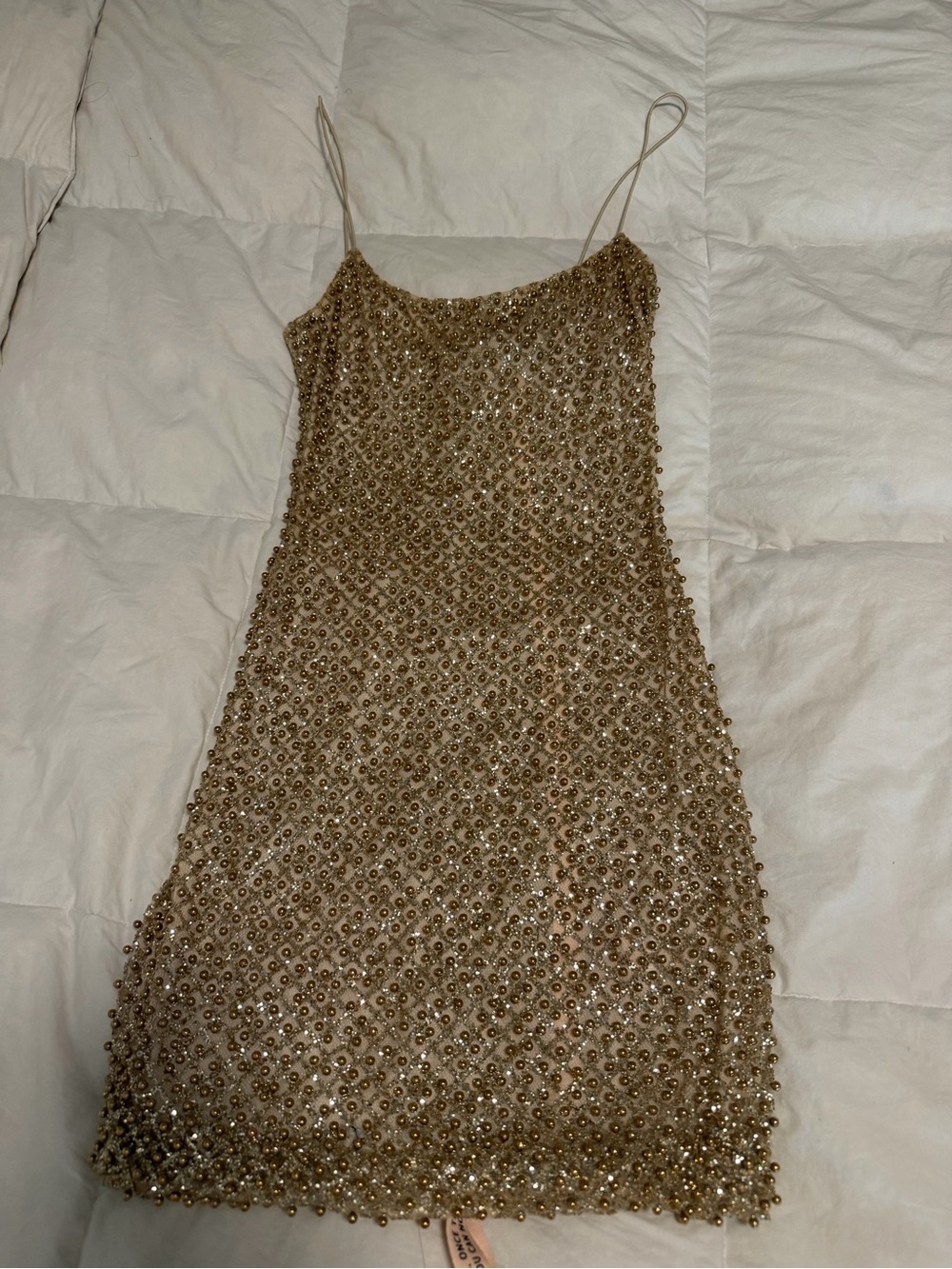 Oh Polly Gold Mini Beaded Spaghetti-Strap Dress